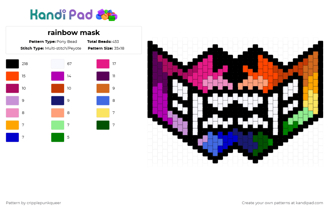 rainbow mask - Pony Bead Pattern by cripplepunkqueer on Kandi Pad - black,pink,orange,red