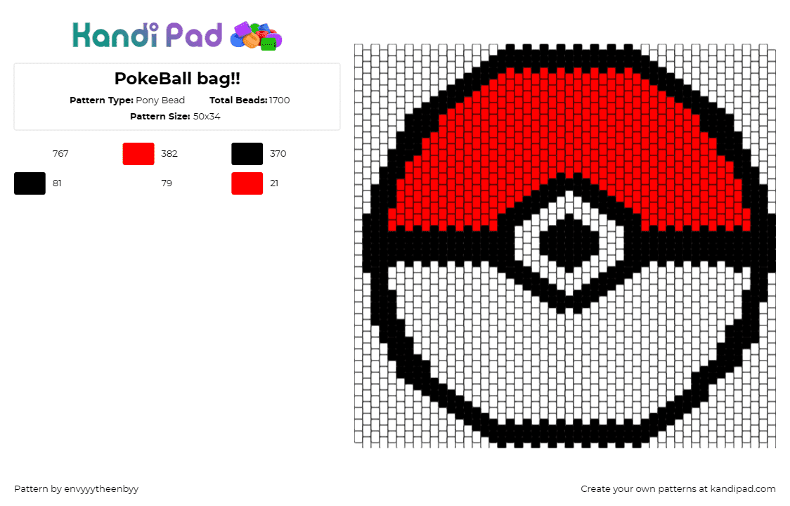 PokeBall bag!! - Pony Bead Pattern by envyyytheenbyy on Kandi Pad - pokeball,pokemon,bag,panel,gaming,white,red