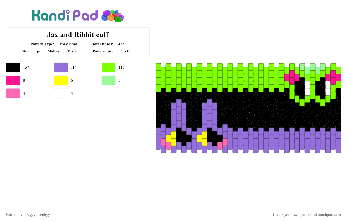 Jax and Ribbit cuff - Pony Bead Pattern by enviouskandi on Kandi Pad - purple,green,tadc,jax,ribbit