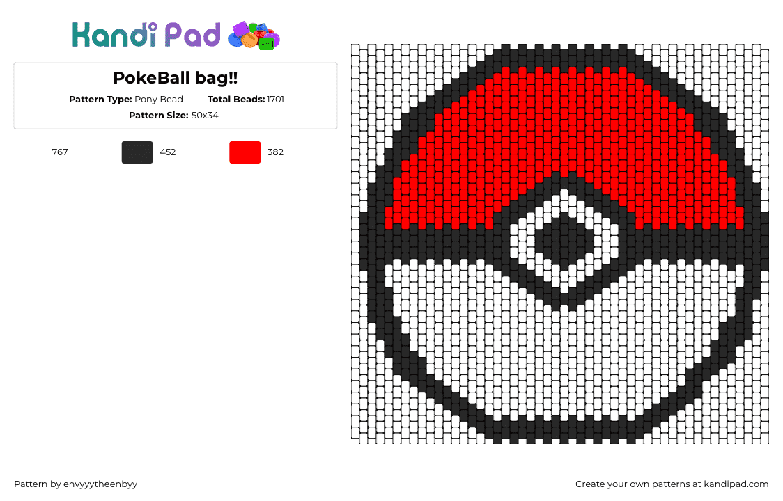 PokeBall bag!! - Pony Bead Pattern by envyyytheenbyy on Kandi Pad - pokeball,pokemon,bag,panel,gaming,white,red