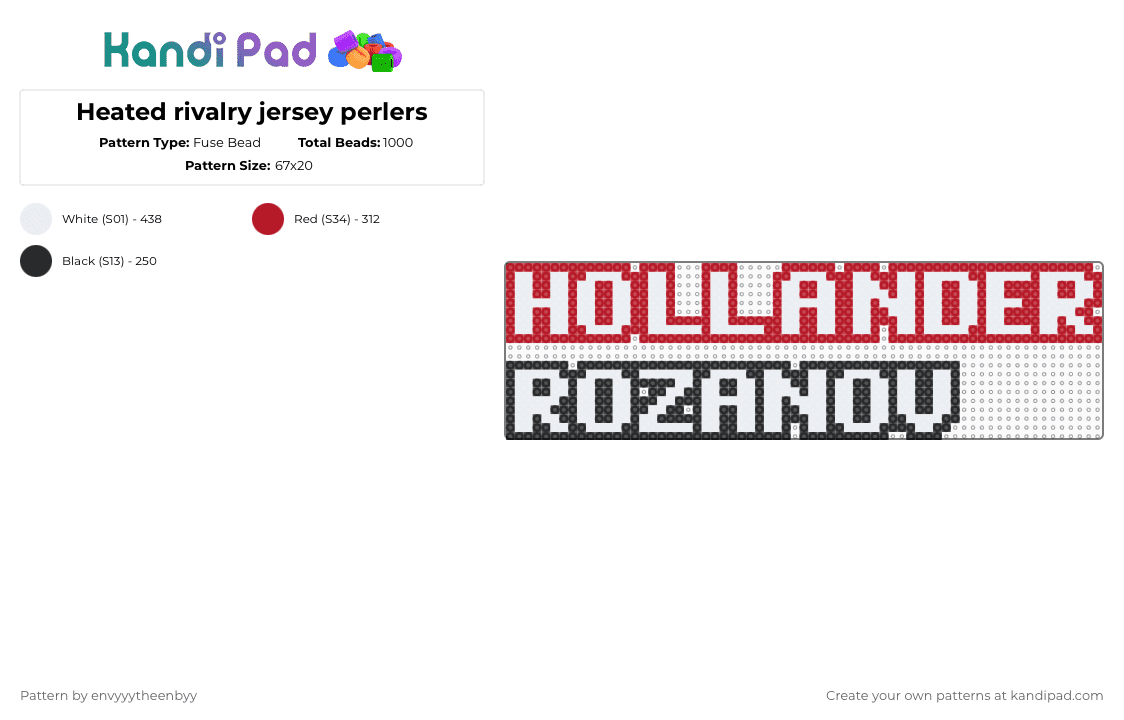 Heated rivalry jersey perlers - Fuse Bead Pattern by enviouskandi on Kandi Pad - red, white