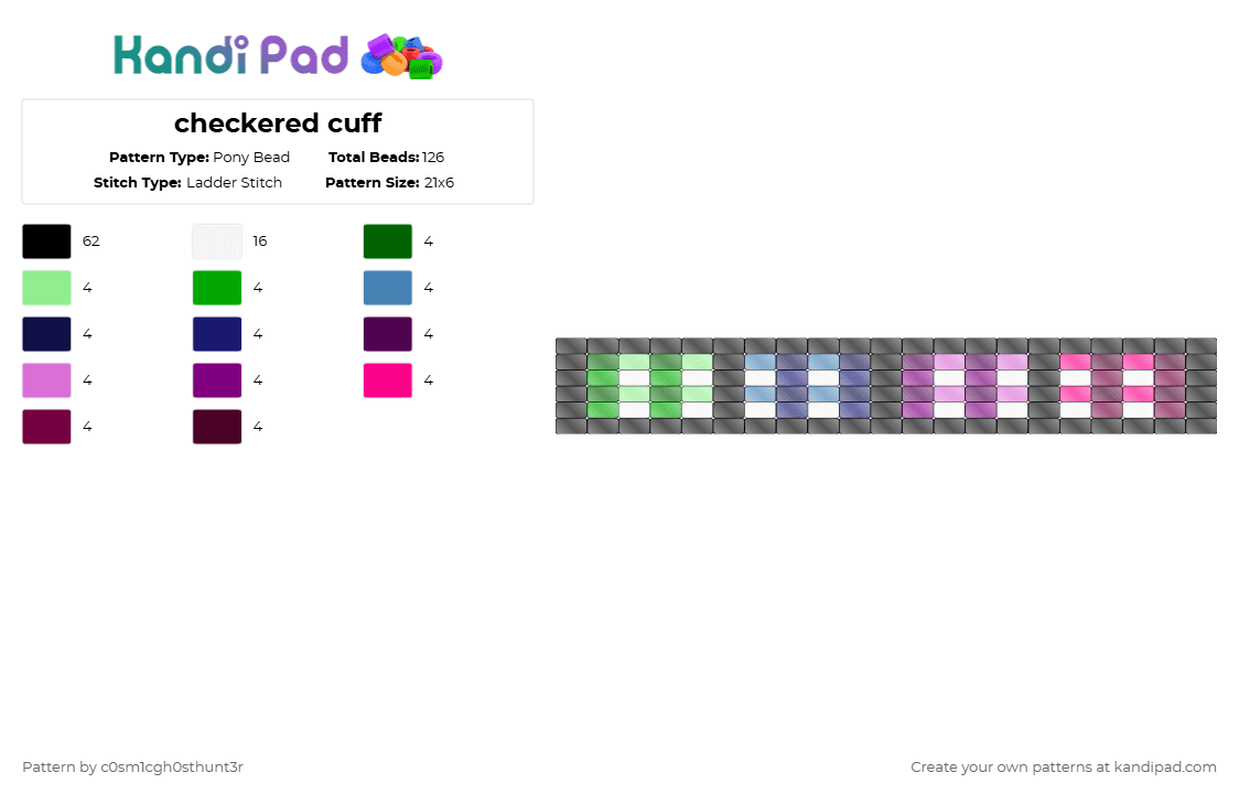 checkered cuff - Pony Bead Pattern by c0sm1cgh0sthunt3r on Kandi Pad - black,green,purple,pink
