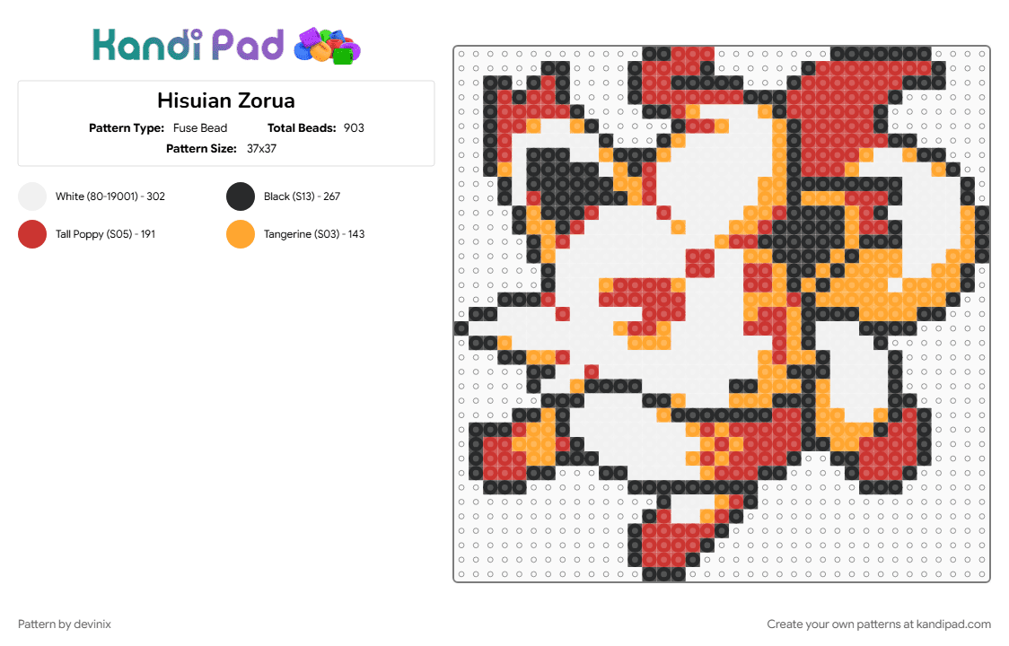 Hisuian Zorua - Fuse Bead Pattern by devinix on Kandi Pad - hisuian, hisuian zorua, orange, pokemon, red, zorua