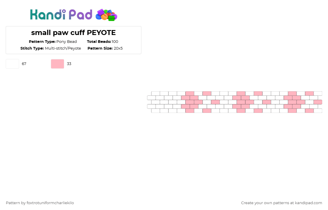 small paw cuff PEYOTE - Pony Bead Pattern by foxtrotuniformcharliekilo on Kandi Pad - white,pink,paw,paws