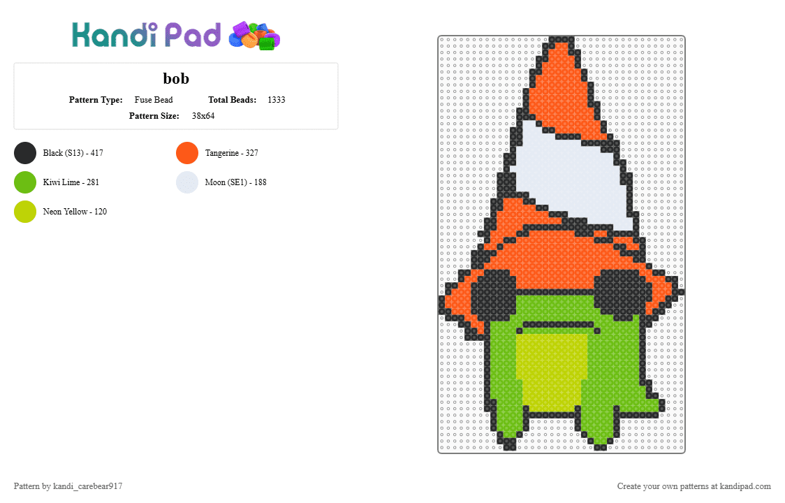 bob - Fuse Bead Pattern by g4yd1n0s4ur on Kandi Pad - green,orange,cotdmystery