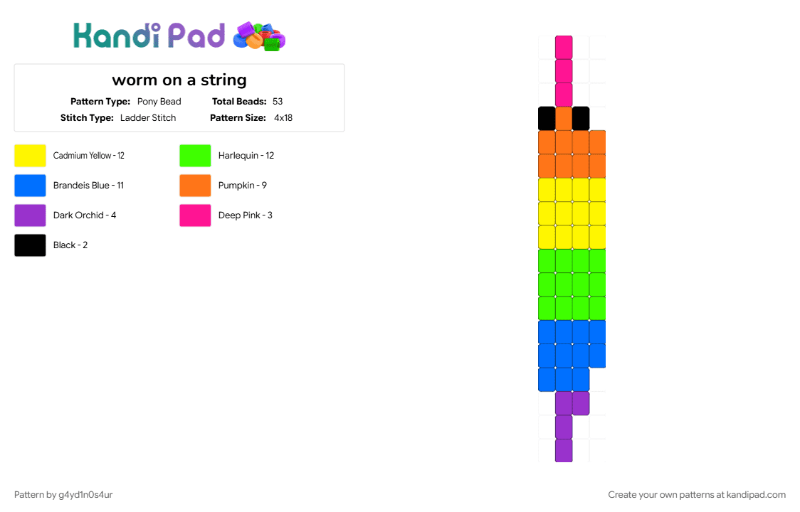 worm on a string - Pony Bead Pattern by g4yd1n0s4ur on Kandi Pad - blue, cotdbugs, green, orange, yellow