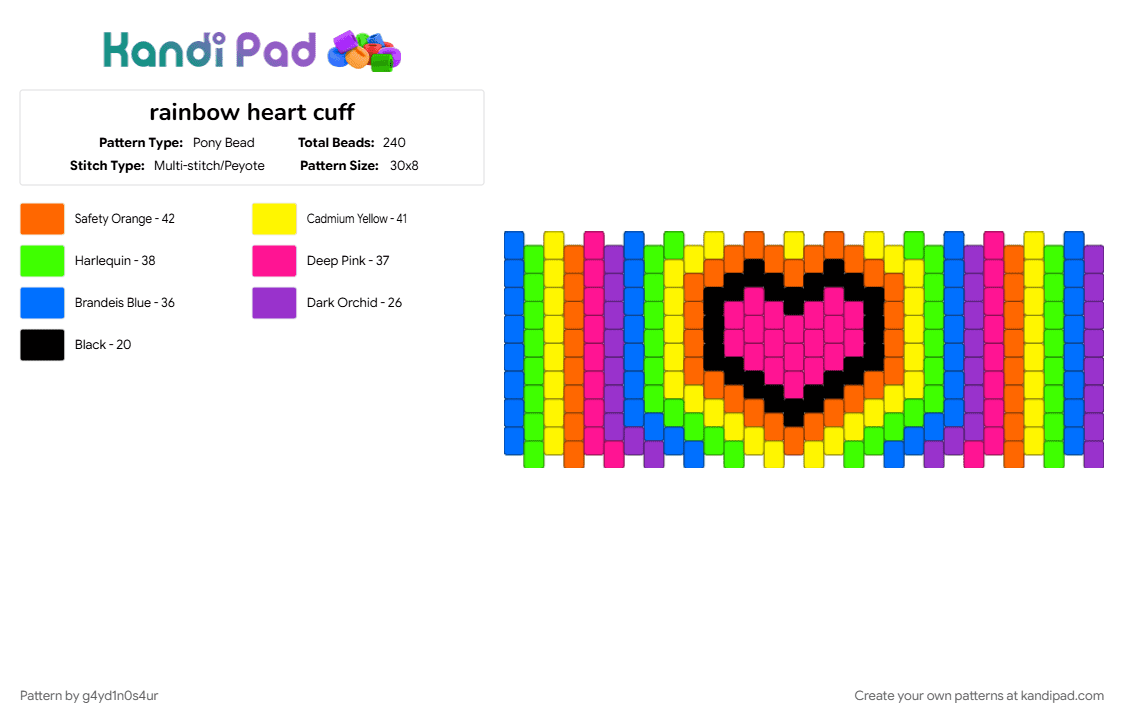 rainbow heart cuff - Pony Bead Pattern by g4yd1n0s4ur on Kandi Pad - colorful, cotdsaturation, green, orange