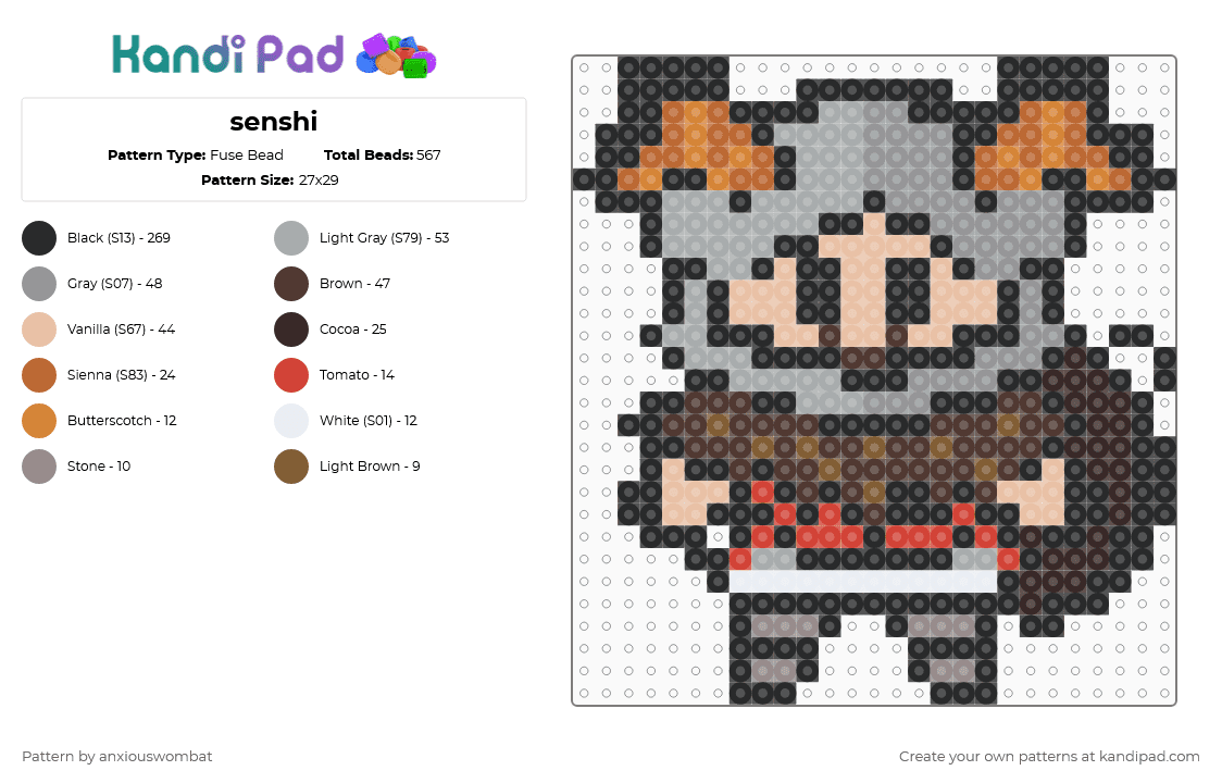 senshi - Fuse Bead Pattern by anxiouswombat on Kandi Pad - black,gray,beige,brown