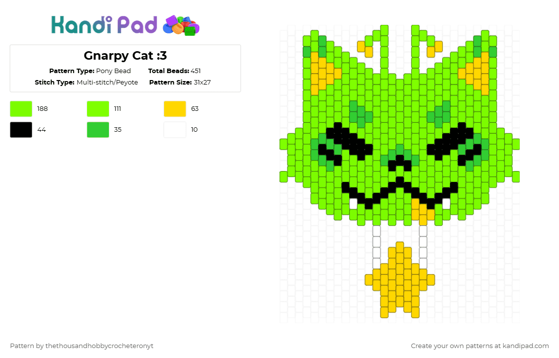 Gnarpy Cat :3 - Pony Bead Pattern by thethousandhobbycrocheteronyt on Kandi Pad - green