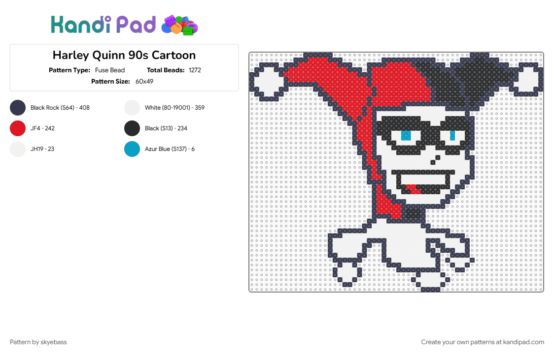 Harley Quinn 90s Cartoon - Fuse Bead Pattern by skyebass on Kandi Pad - 90s, batman, cartoon, dc, harley quinn, joker, purple, red, tv show, villian