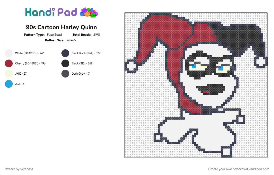 90s Cartoon Harley Quinn - Fuse Bead Pattern by skyebass on Kandi Pad - 90s, batman, cartoon, dc, harley quinn, joker, purple, red, tv show, villian