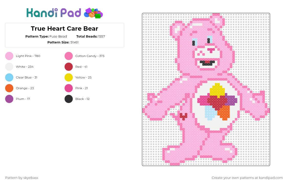 True Heart Care Bear - Fuse Bead Pattern by skyebass on Kandi Pad - pink,true heart,care bear,bear,star,heart