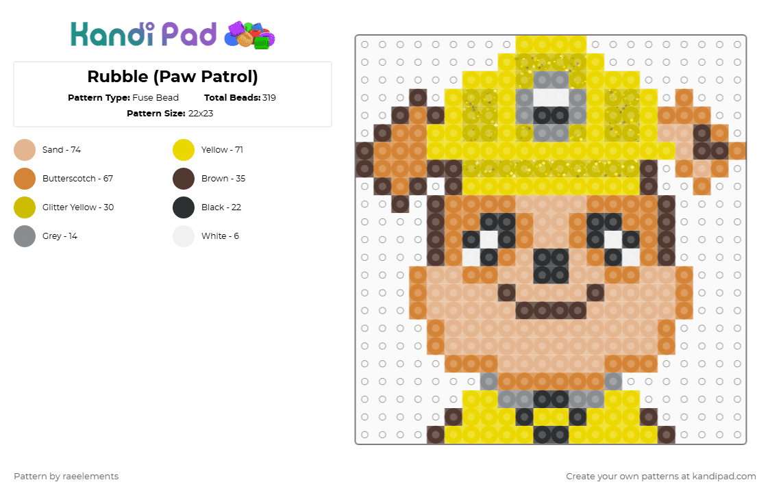 Rubble (Paw Patrol) - Fuse Bead Pattern by raeelements on Kandi Pad - rubble,dog,cartoon,nickelodeon,bulldog,tv show,animal,yellow,beige,orange,paw patrol