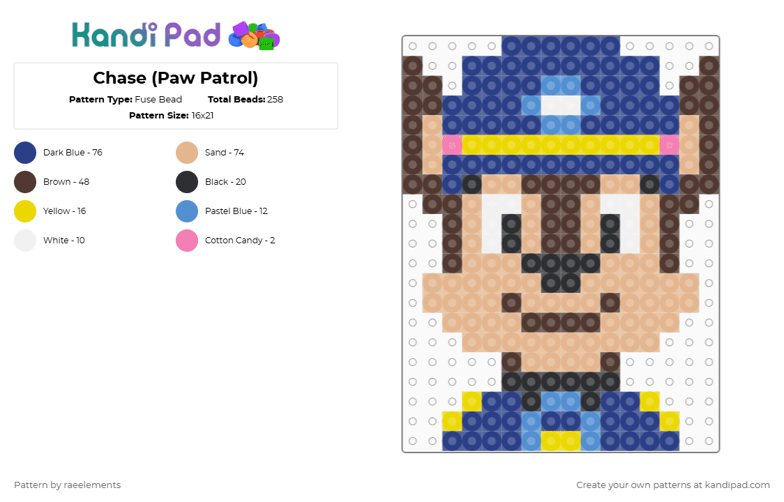 Chase (Paw Patrol) - Fuse Bead Pattern by raeelements on Kandi Pad - chase,dog,cartoon,tv show,animal,blue,beige,brown,paw patrol