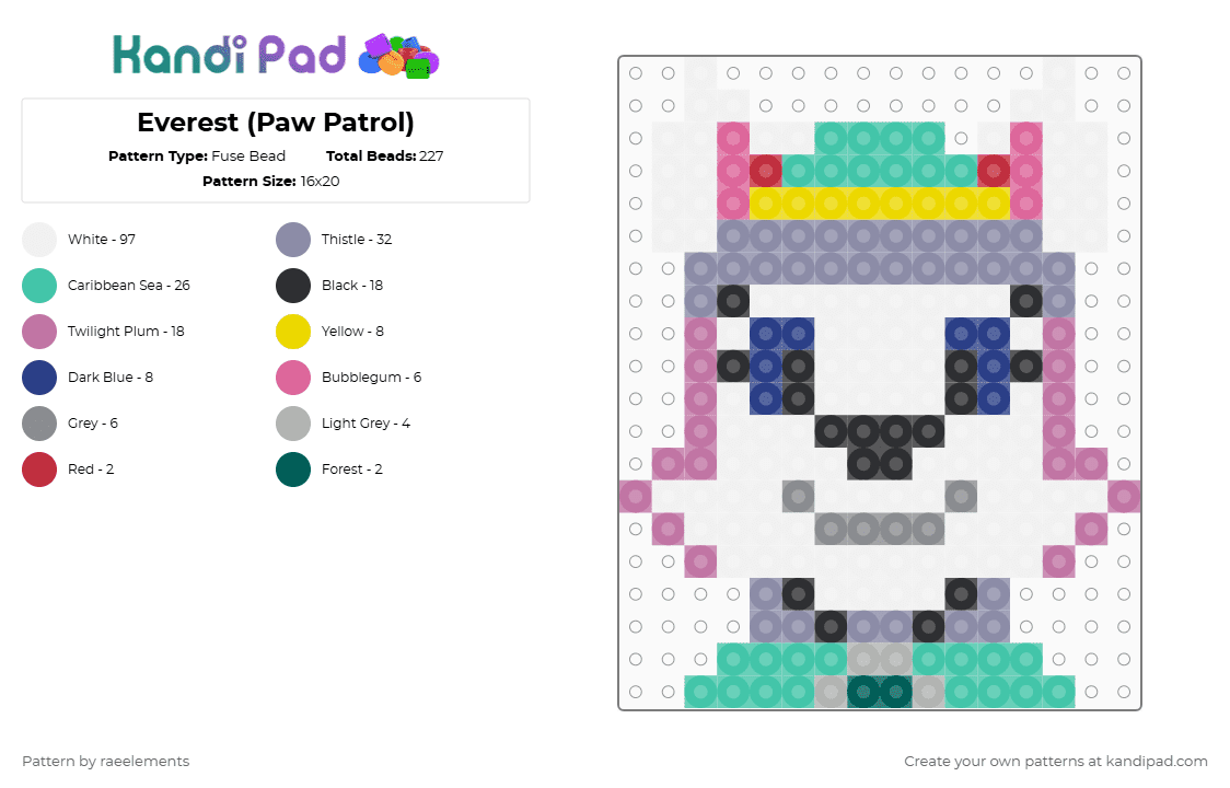 Everest (Paw Patrol) - Fuse Bead Pattern by raeelements on Kandi Pad - white,teal,pink,gray,paw patrol