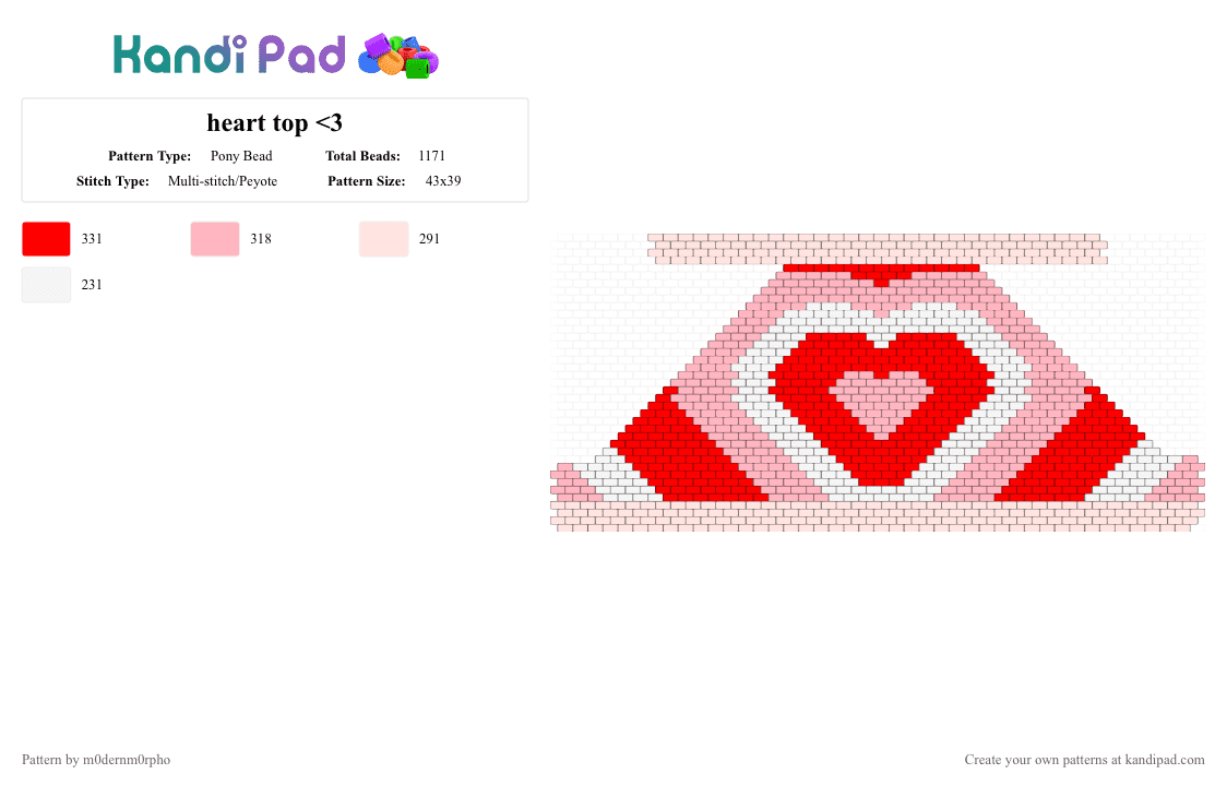 heart top - Pony Bead Pattern by m0dernm0rpho on Kandi Pad - red,pink