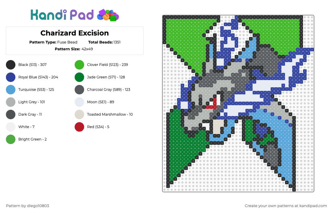Charizard Excision - Fuse Bead Pattern by diego10803 on Kandi Pad - charizard,pokemon,dragon,fire,monster,video game,trading card,gaming,green,purple