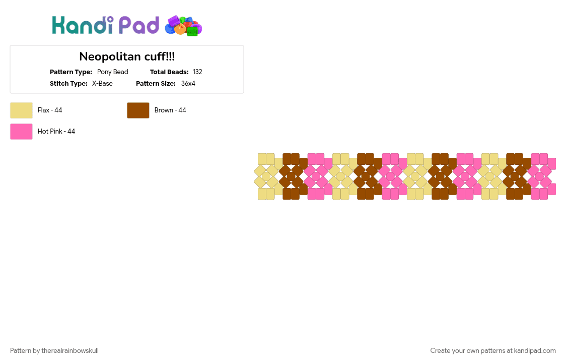 Neopolitan cuff!!! - Pony Bead Pattern by therealrainbowskull on Kandi Pad - neopolitan, pink, red, yellow