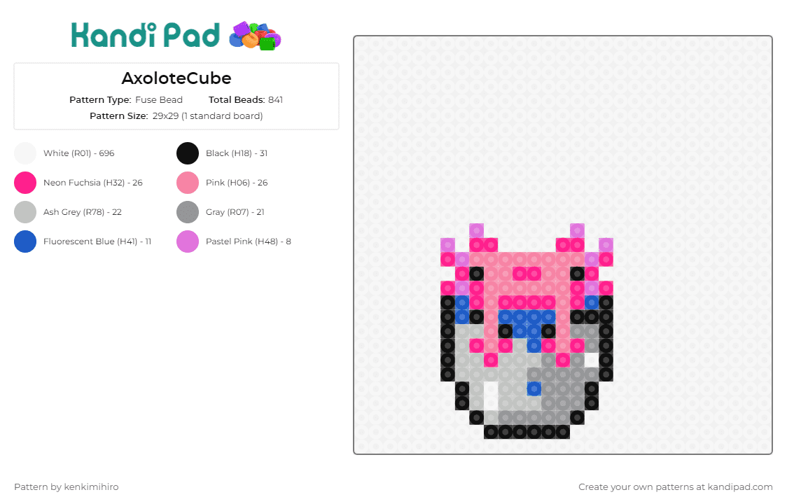 AxoloteCube - Fuse Bead Pattern by kenkimihiro on Kandi Pad - axolotl,aquatic,charm,playful,unique,creatures,quirkiness,crafts,pink,grey