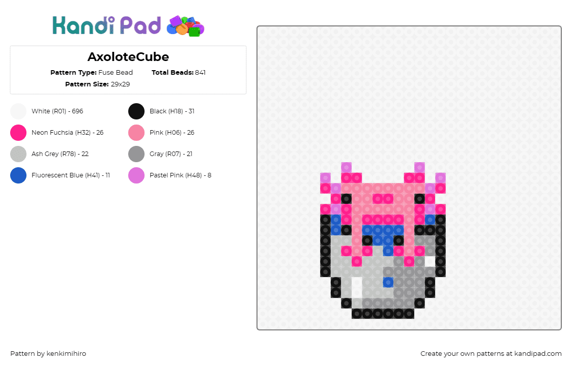 AxoloteCube - Fuse Bead Pattern by kenkimihiro on Kandi Pad - axolotl,aquatic,playful,creatures,quirkiness,pink,gray