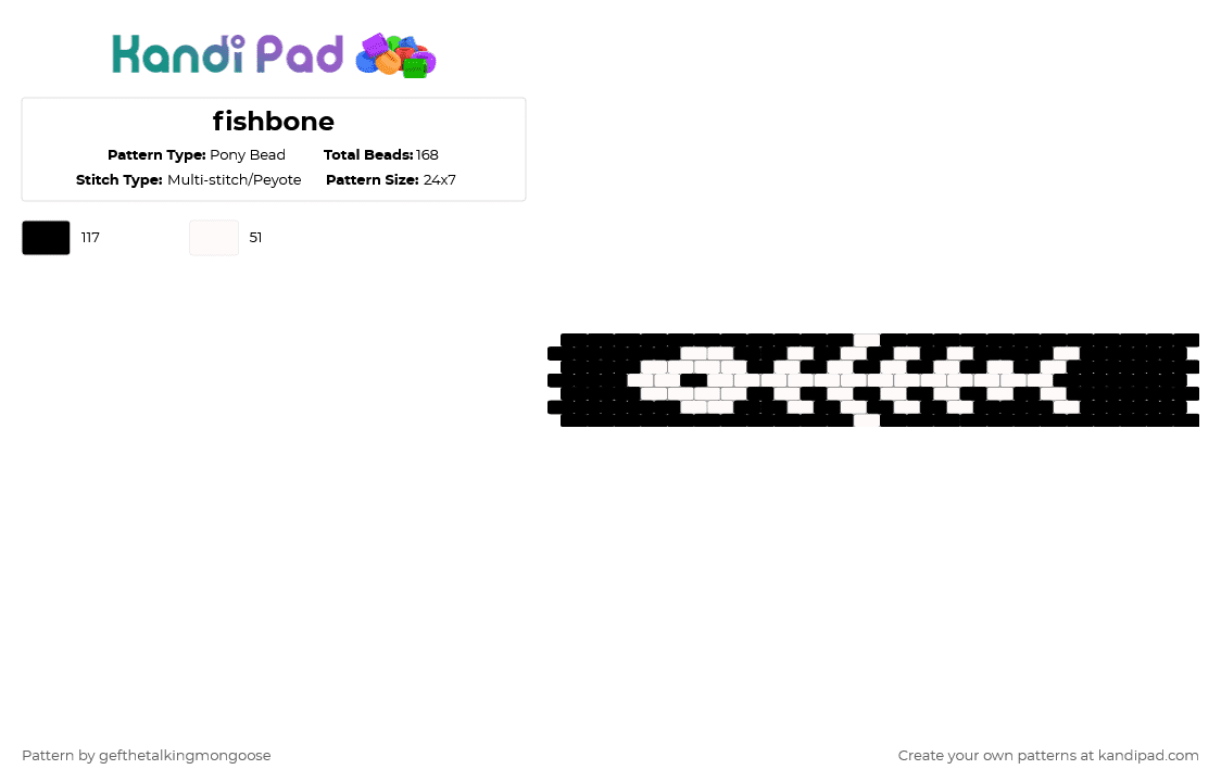 fishbone - Pony Bead Pattern by gefthetalkingmongoose on Kandi Pad - black,white,fish,skeleton,peyotes,black and white