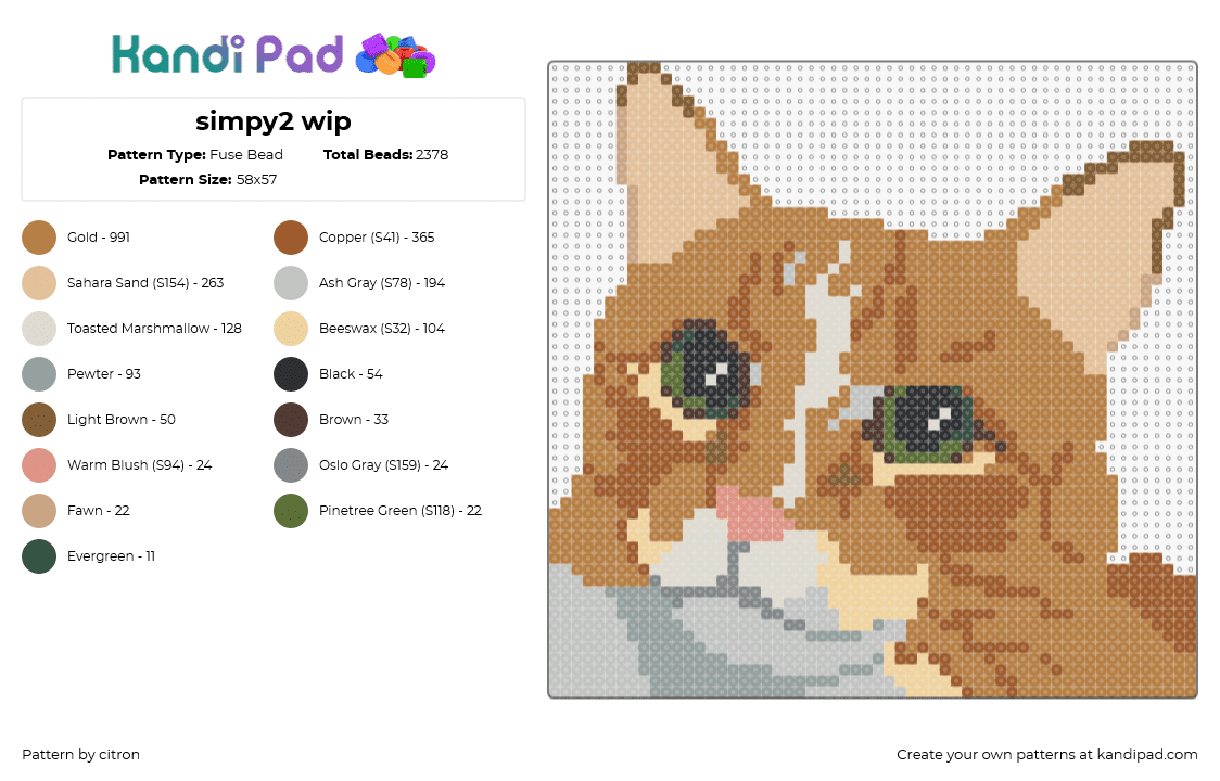 simpy2 wip - Fuse Bead Pattern by citron on Kandi Pad - cat,pet,animal,portrait,tan