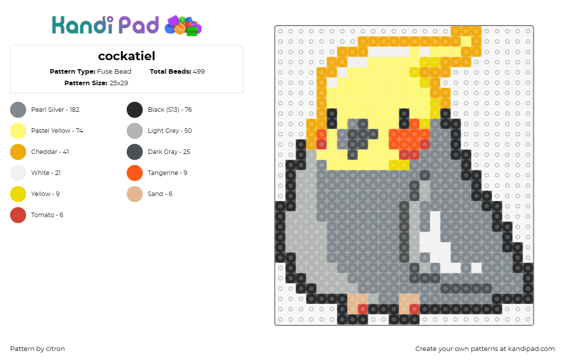 cockatiel - Fuse Bead Pattern by citron on Kandi Pad - cockatiel,bird,cute,animal,pet,avian,crest,yellow,gray