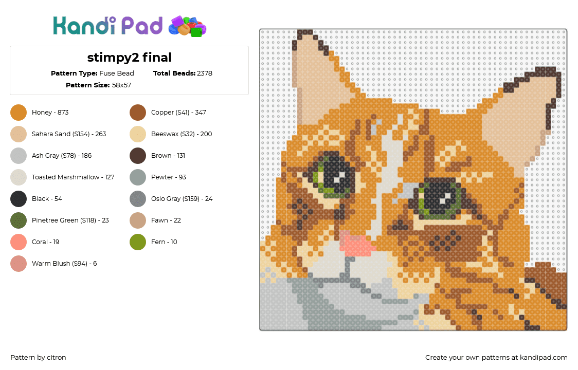 stimpy2 final - Fuse Bead Pattern by citron on Kandi Pad - cat,pet,animal,portrait,tan,orange