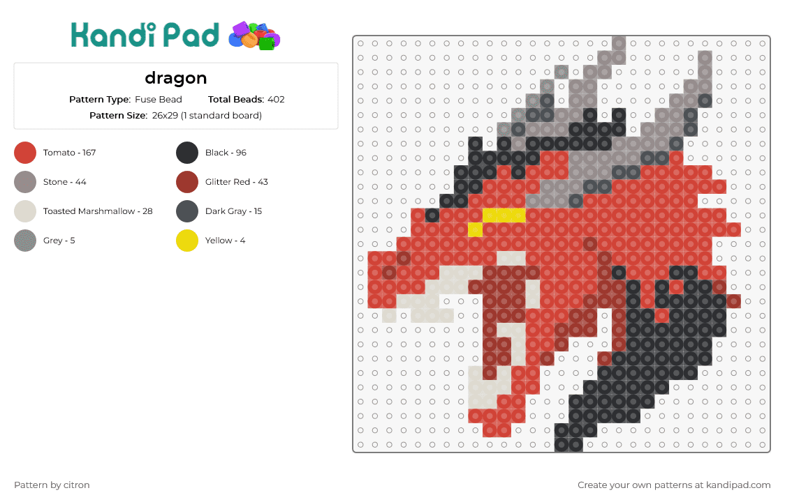dragon - Fuse Bead Pattern by citron on Kandi Pad - dragon,monster,fantasy,creature,scary,mythical,silhouette,strength,adventure,red