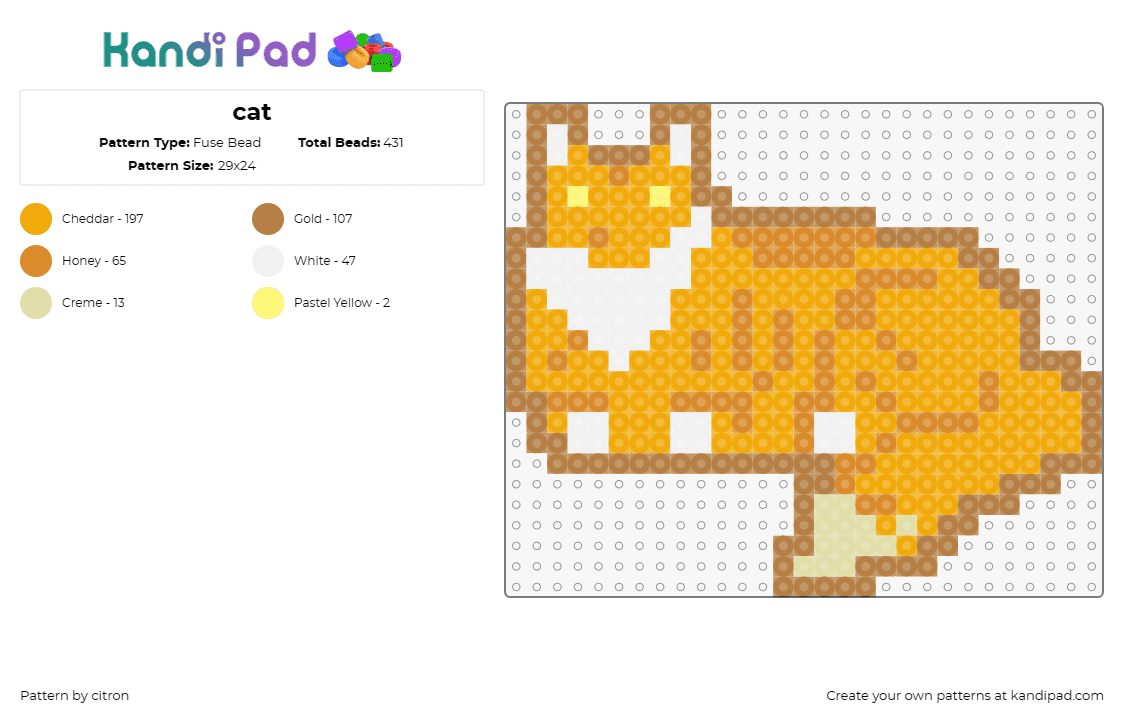 cat - Fuse Bead Pattern by citron on Kandi Pad - cat,animal,cozy,affectionate,simplicity,pet,feline,domestic,yellow,orange