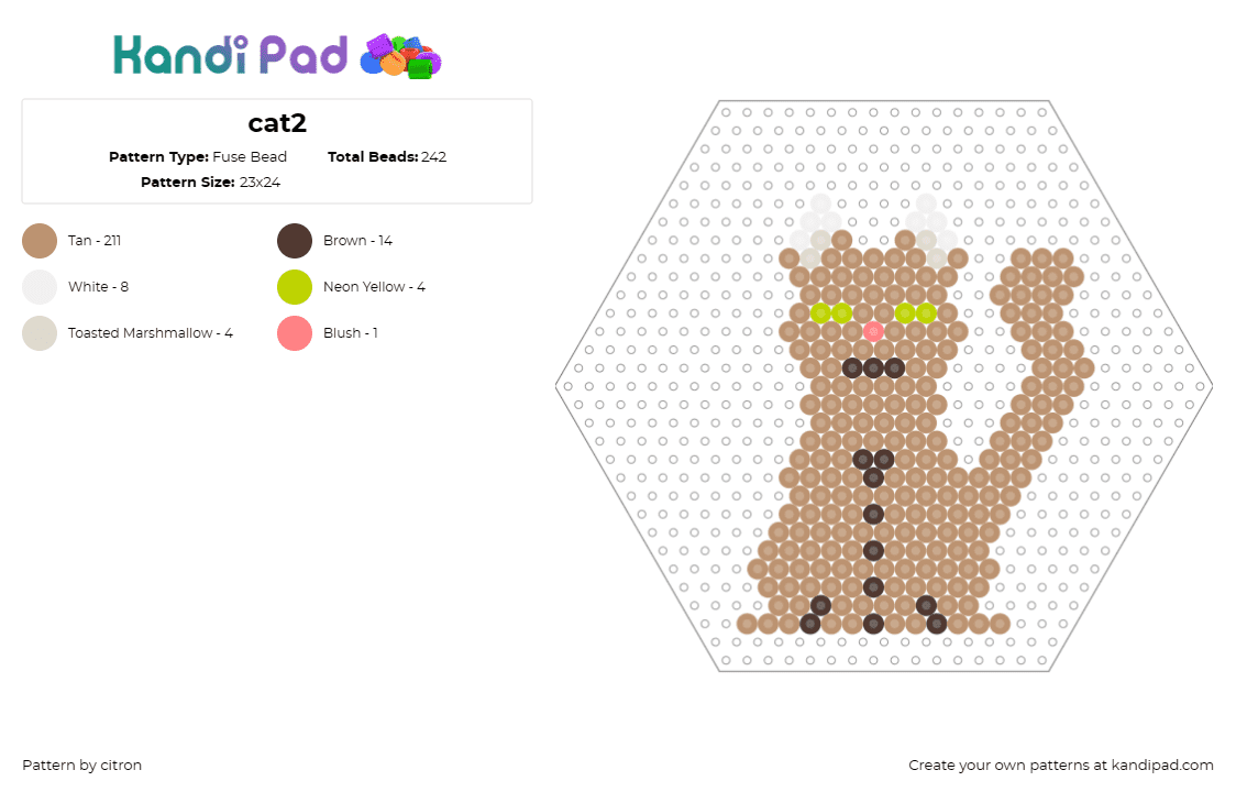 cat2 - Fuse Bead Pattern by citron on Kandi Pad - cat,animal,handmade,adorable,feline,cozy,hexagon,affectionate,brown,tan