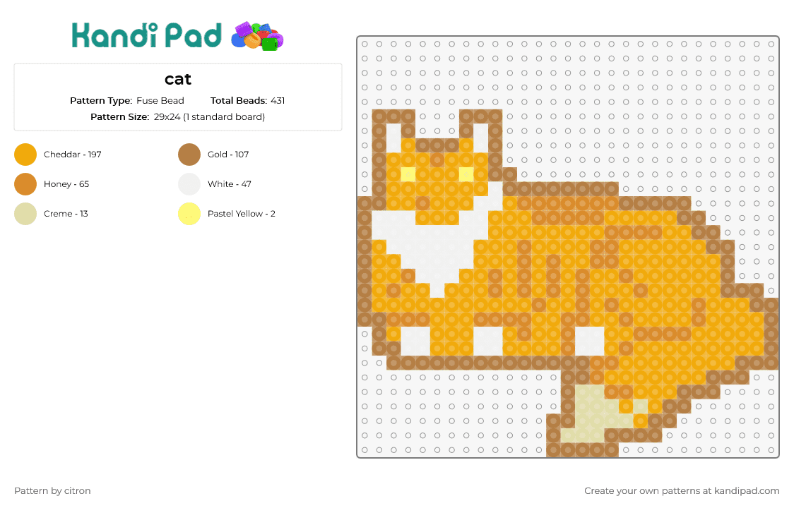 cat - Fuse Bead Pattern by citron on Kandi Pad - cat,animal,cozy,charming,affectionate,simplicity,pet,feline,domestic,yellow,orange