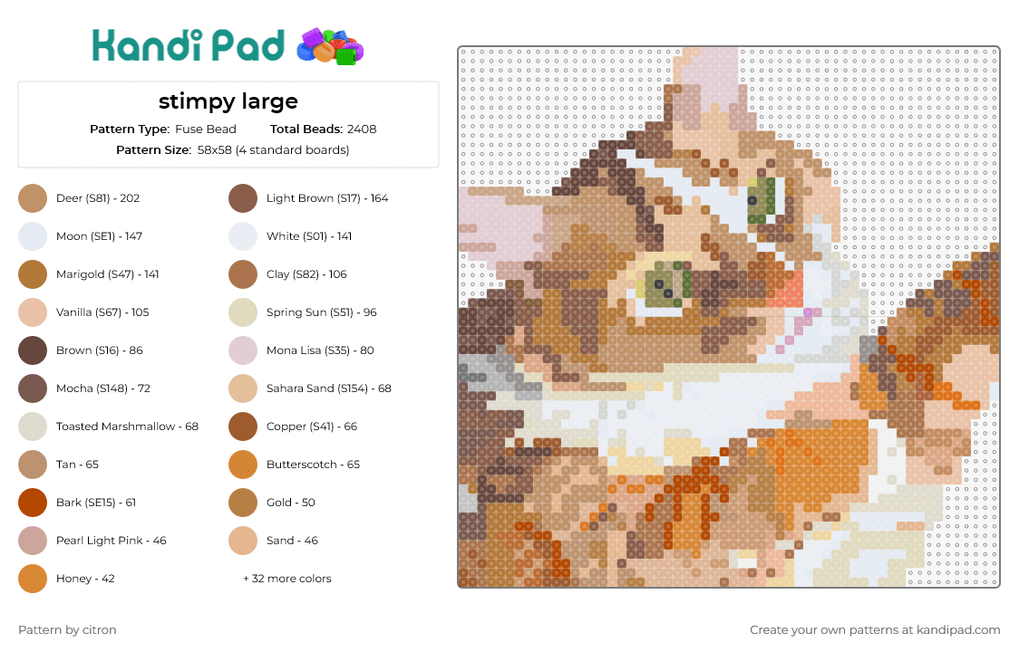 stimpy large - Fuse Bead Pattern by citron on Kandi Pad - cat,animal,pet,whimsy,playful,charm,tan,orange