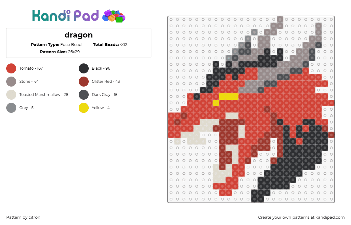 dragon - Fuse Bead Pattern by citron on Kandi Pad - dragon,monster,fantasy,creature,scary,mythical,silhouette,strength,adventure,red