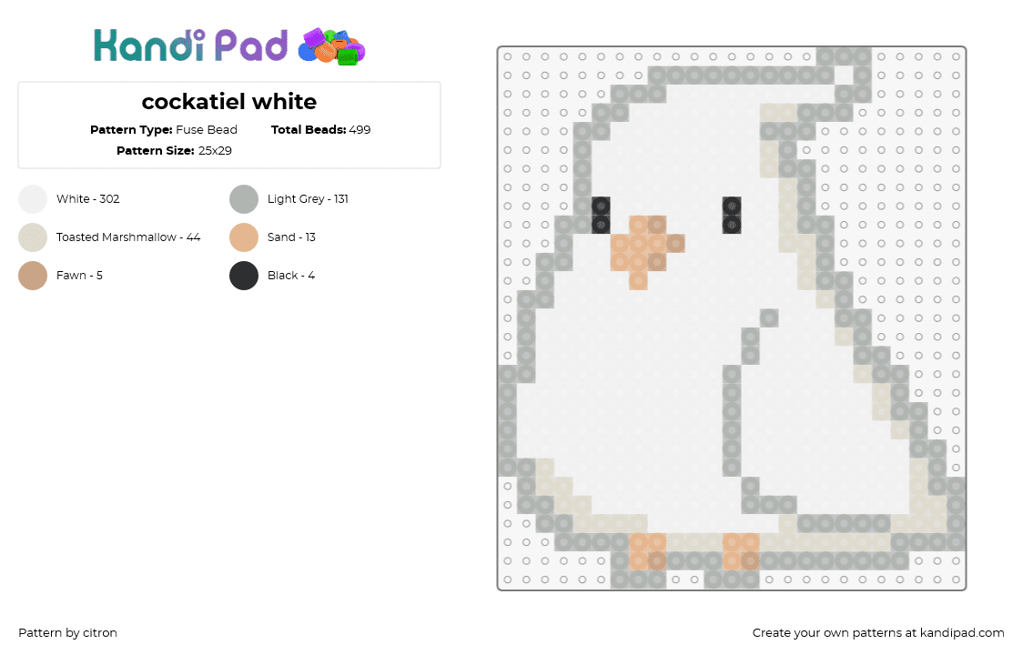 cockatiel white - Fuse Bead Pattern by citron on Kandi Pad - cockatiel,bird,animal,cute,white