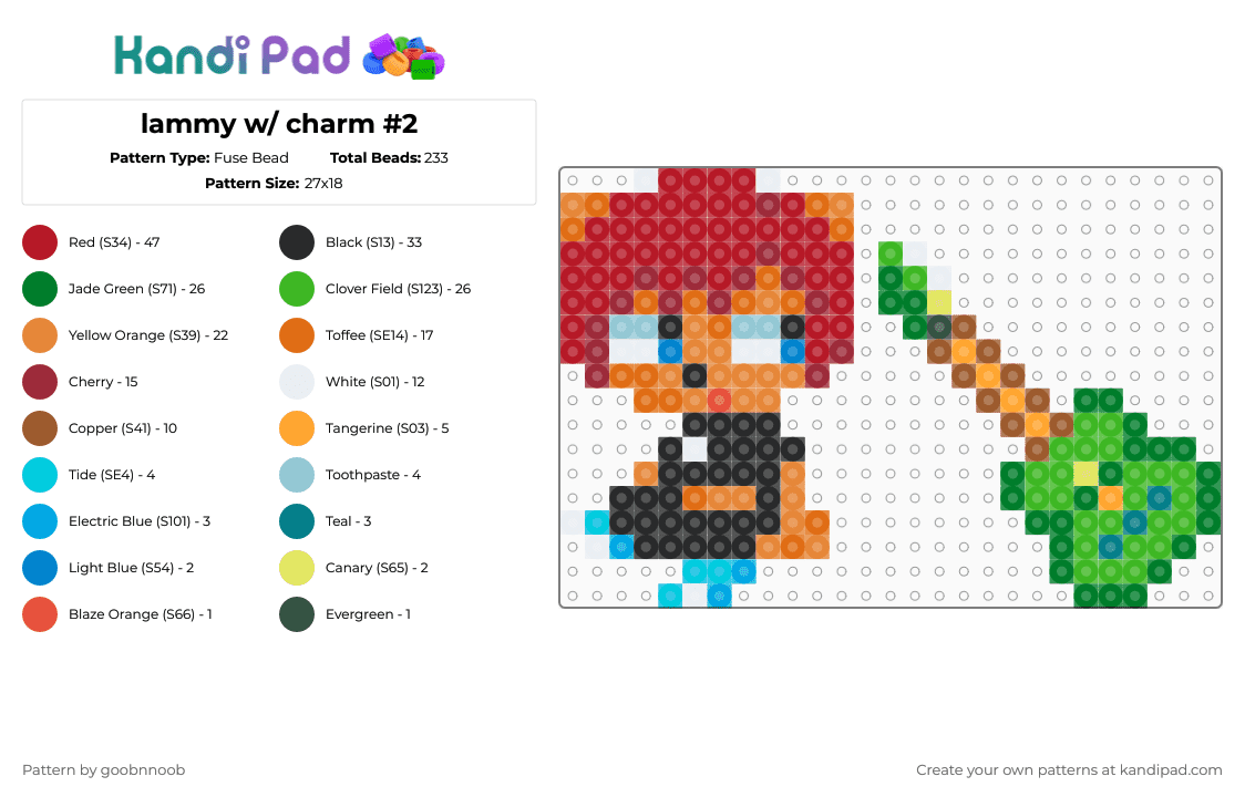 lammy w/ charm #2 - Fuse Bead Pattern by deleted_user_795226 on Kandi Pad - orange,red,green,parappa the rapper,playstation,video game,furry,keychain