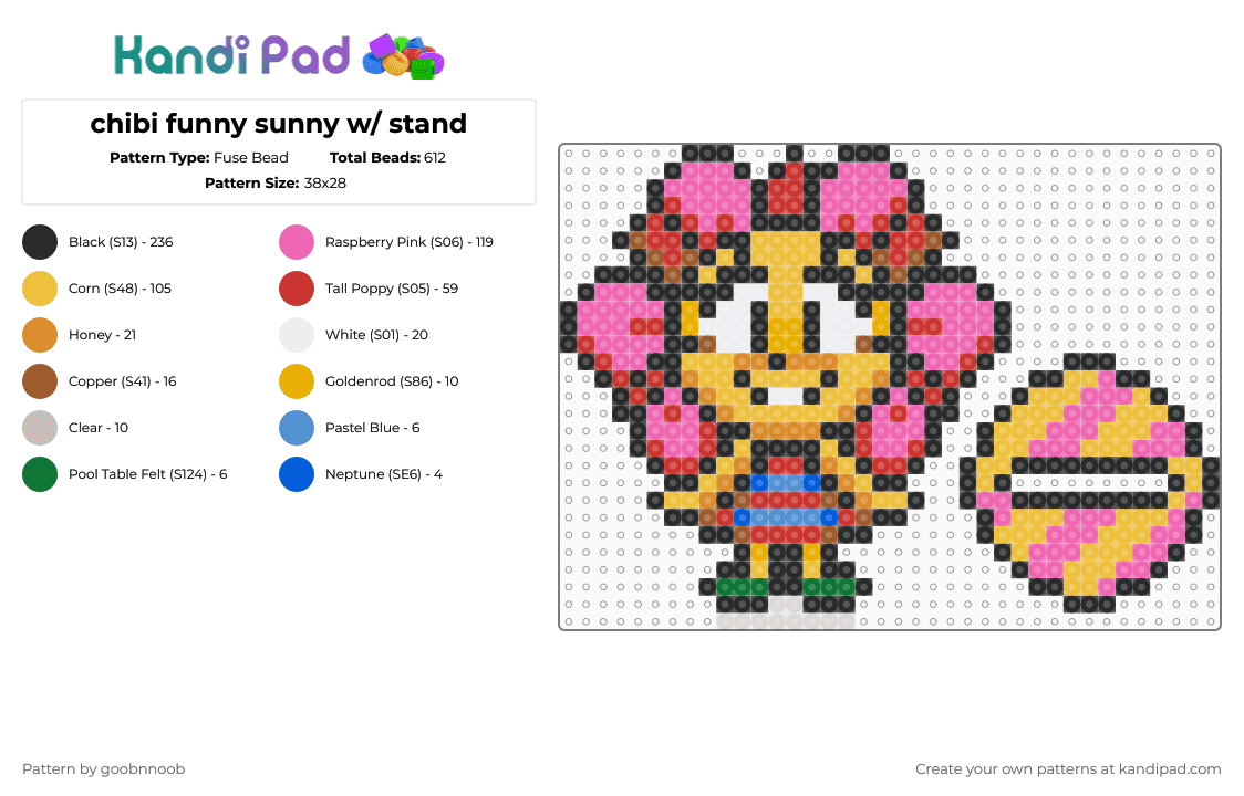 chibi funny sunny w/ stand - Fuse Bead Pattern by deleted_user_795226 on Kandi Pad - black,pink,red,yellow,parappa the rapper,playstation,video game