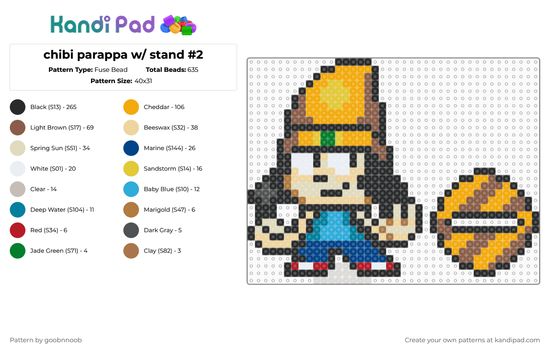 chibi parappa w/ stand #2 - Fuse Bead Pattern by deleted_user_795226 on Kandi Pad - black,orange,tan,beige,video game,playstation,furry
