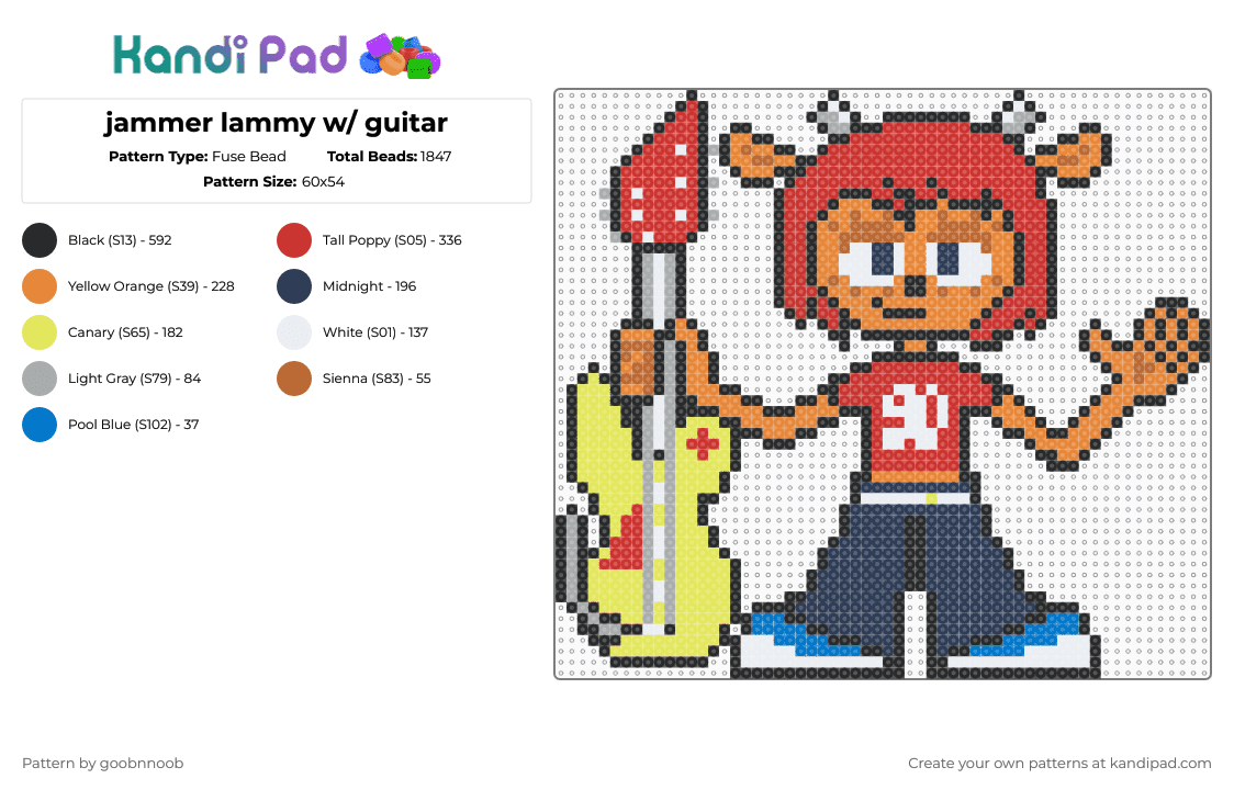 jammer lammy - Fuse Bead Pattern by deleted_user_795226 on Kandi Pad - red,orange,purple,yellow,playstation,video game,furry,parappa the rapper