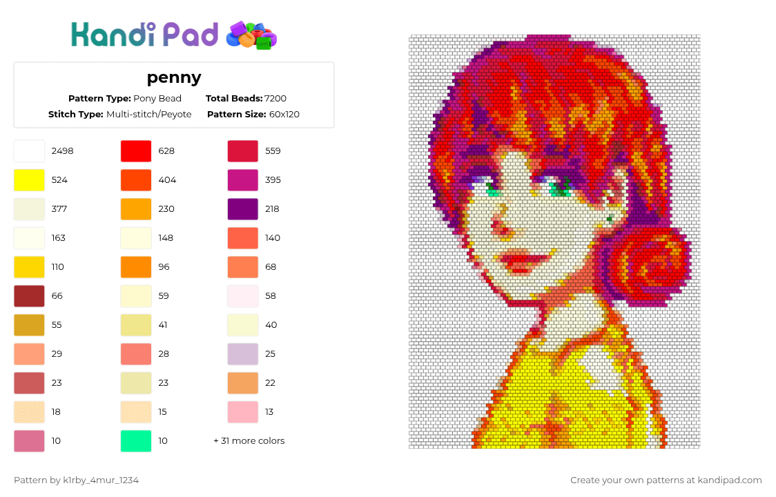 penny - Pony Bead Pattern by k1rby_4mur_1234 on Kandi Pad - white,pink,red,yellow,colorful,stardew valley,pelican town