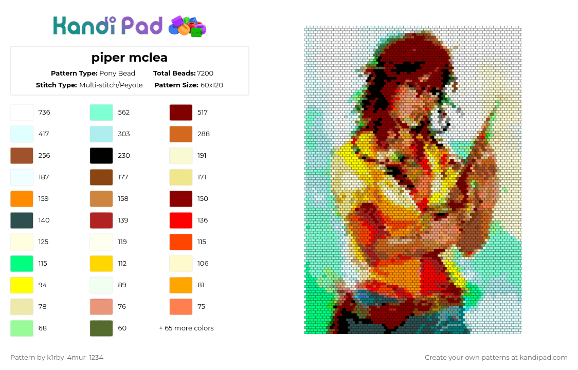 piper mclea - Pony Bead Pattern by k1rby_4mur_1234 on Kandi Pad - teal,red,brown,yellow,colorful,piper,hoo,aphrodite,halfblood