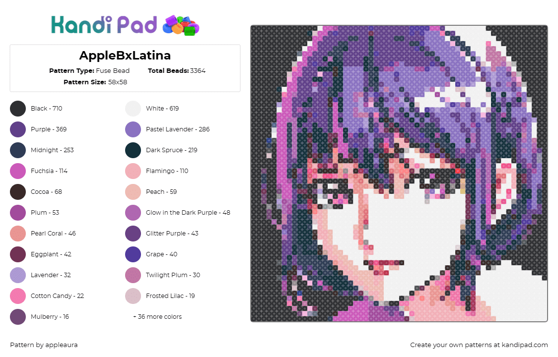 AppleBxLatina - Fuse Bead Pattern by appleaura on Kandi Pad - female,portrait,anime,expression,character,face,animated,purple