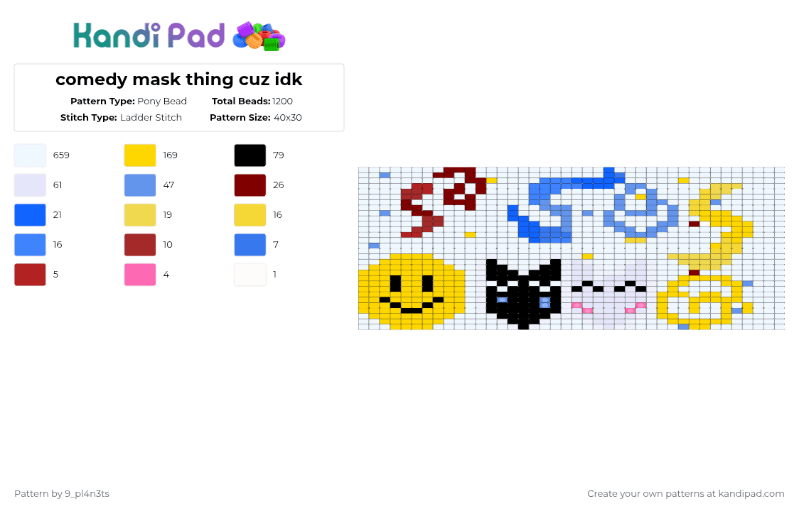 comedy mask thing cuz idk - Pony Bead Pattern by 9_pl4n3ts on Kandi Pad - white,yellow,cotdcomedy