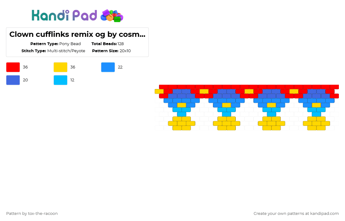 Clown cufflinks remix og by cosmicvoid - Pony Bead Pattern by tox-the-racoon on Kandi Pad - red,light blue,yellow
