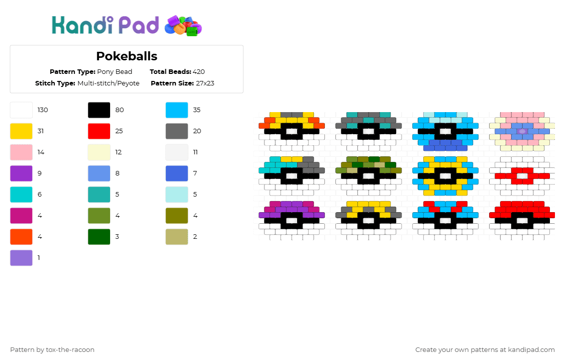 Pokeballs - Pony Bead Pattern by tox-the-racoon on Kandi Pad - white,red,light blue,yellow,pink,colorful
