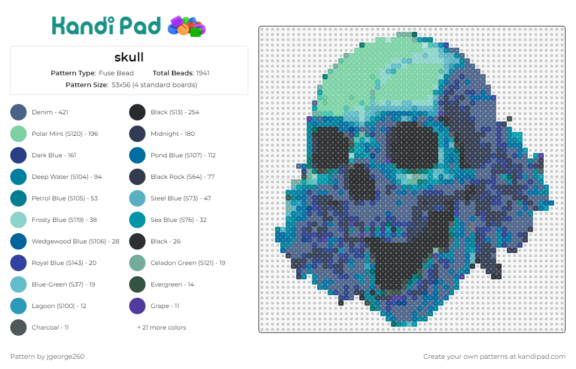 skull - Fuse Bead Pattern by jgeorge260 on Kandi Pad - skull,kai wachi,dj,edm,electronic,vibes,cool,blue,electrifying,presence,blue,teal
