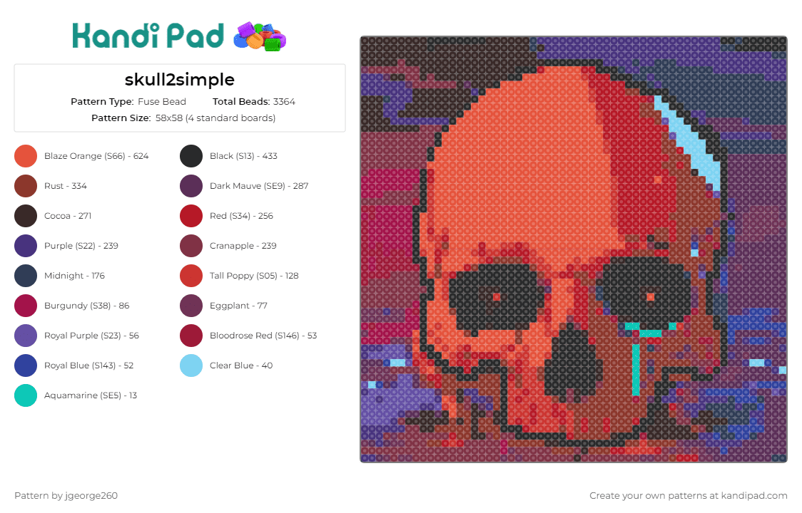 skull2simple - Fuse Bead Pattern by jgeorge260 on Kandi Pad - skull,kai wachi,dj,edm,intense,music,culture,bold,vivid,design,orange,red