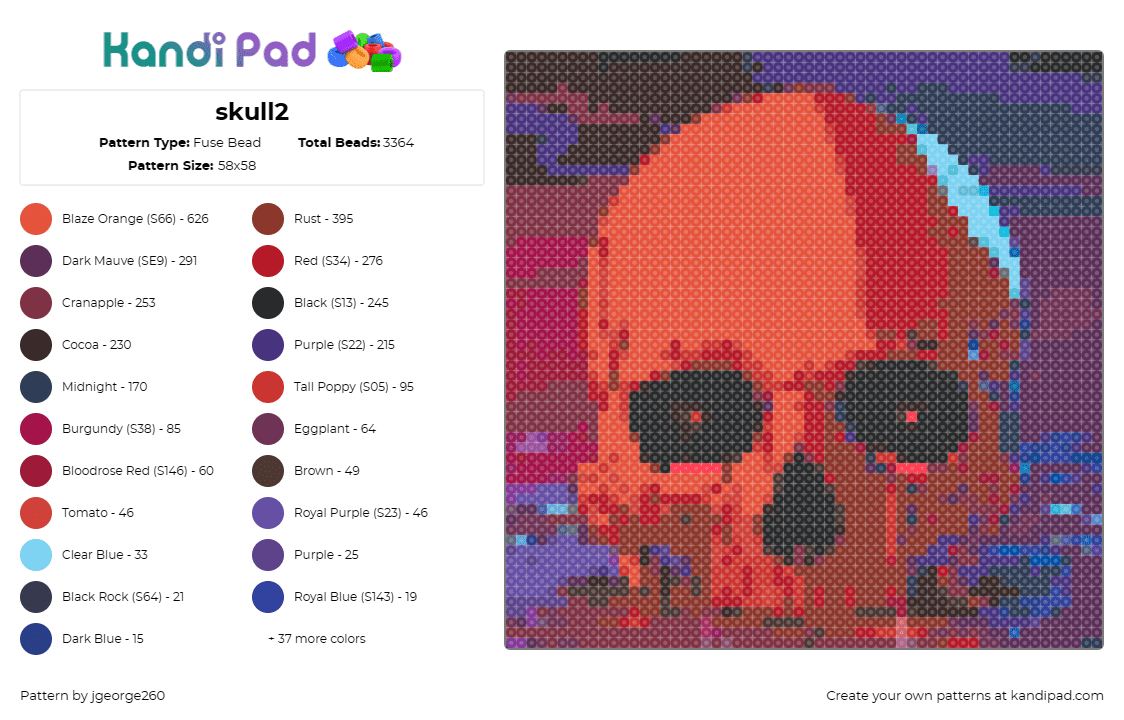 skull2 - Fuse Bead Pattern by jgeorge260 on Kandi Pad - skull,kai wachi,dj,edm,intense,beats,rhythms,striking,orange,red