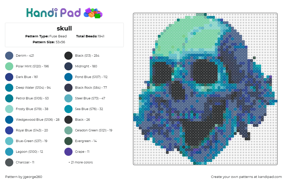 skull - Fuse Bead Pattern by jgeorge260 on Kandi Pad - skull,kai wachi,dj,edm,electronic,vibes,cool,blue,electrifying,presence,blue,tea