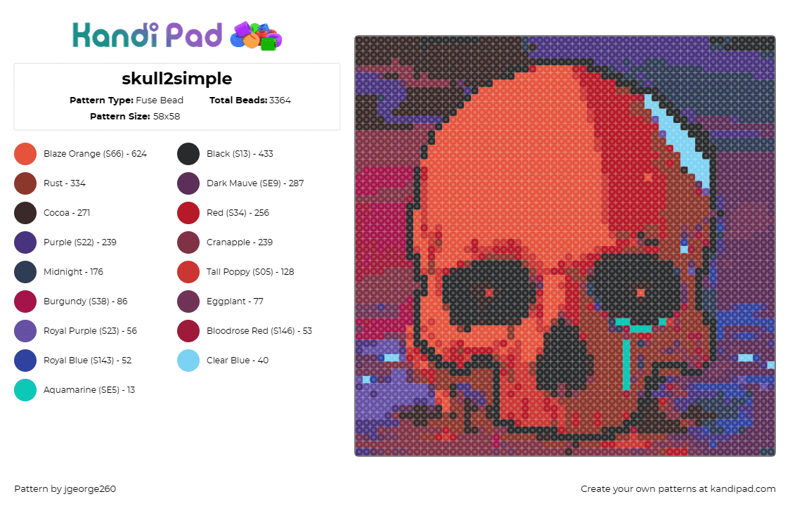 skull2simple - Fuse Bead Pattern by jgeorge260 on Kandi Pad - skull,kai wachi,dj,edm,intense,music,culture,bold,design,orange,red